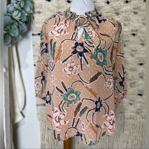 NWT Joie tan polka dot tie neck floral blouse M